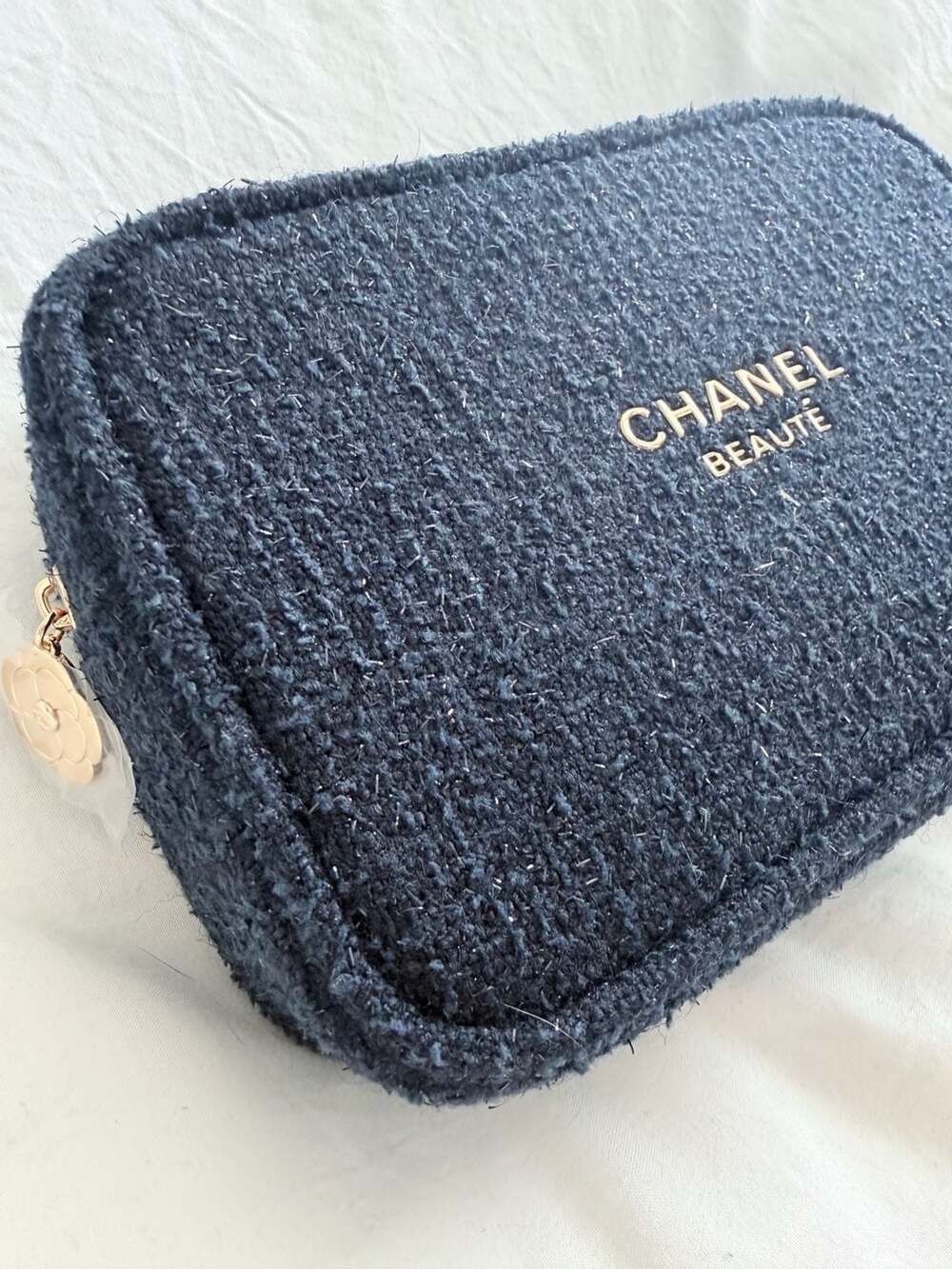Chanel Beaute Dark Blue Sparkly Tweed Cosmetic Makeup Pouch Bag Holiday